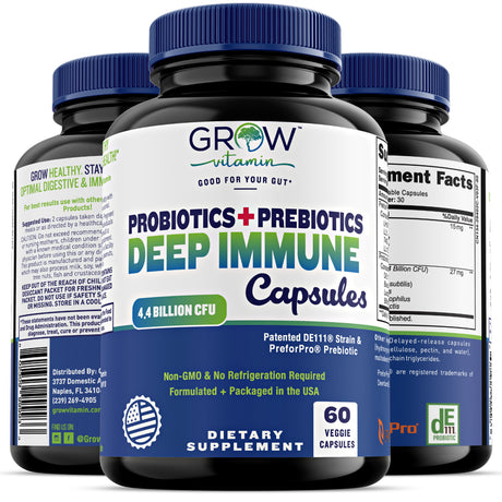 DEEP IMMUNE Probiotics + Prebiotics, 4.4 Billion CFU, Supports Healthy Gut, Non-Gmo, Patented Strains, Dairy Free, Delayed Release Veggie Caps, No Refrigeration Required - 60 Capsules - (2 Daily)