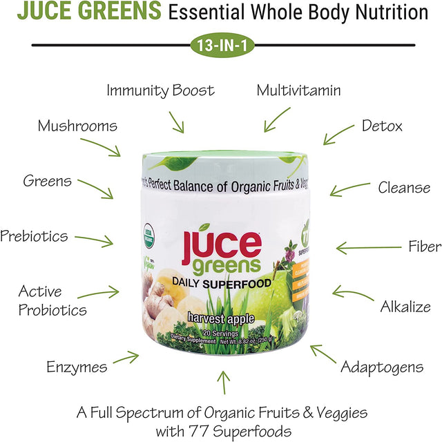 JUCE Green Superfood Powder, Organic Fruits and Veggies Supplement W/ 77 Superfoods plus Prebiotic Probiotic Blend, Harvest Apple Flavor - 20 Servings (230 G)…