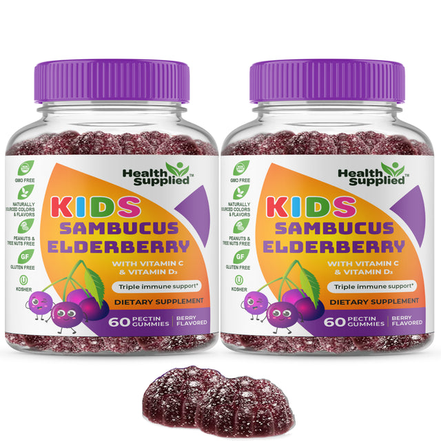 Health Supplied Sambucus Black Elderberry Gummies for Kids 2 Pack | Triple Immune Support | Elderberry plus Vitamin C & D