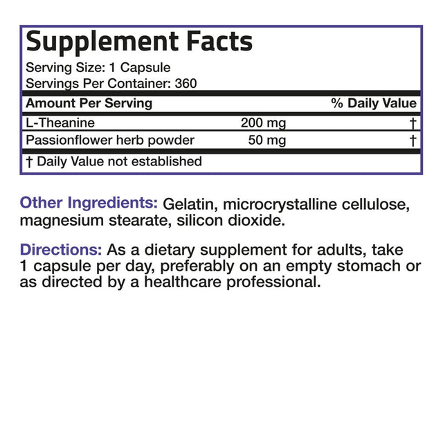 Bronson L-Theanine 200Mg (Double-Strength) with Passion Flower Herb - Reducing Stress - Non-Gmo Gluten Free, 360 Capsules