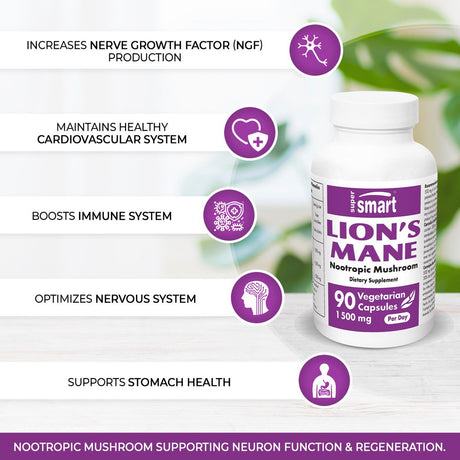 Supersmart - Lion'S Mane 1500 Mg per Day - Nootropic Mushroom Supplement - Brain Booster - Focus & Memory Pills | Non-Gmo & Gluten Free - 90 Vegetarian Capsules