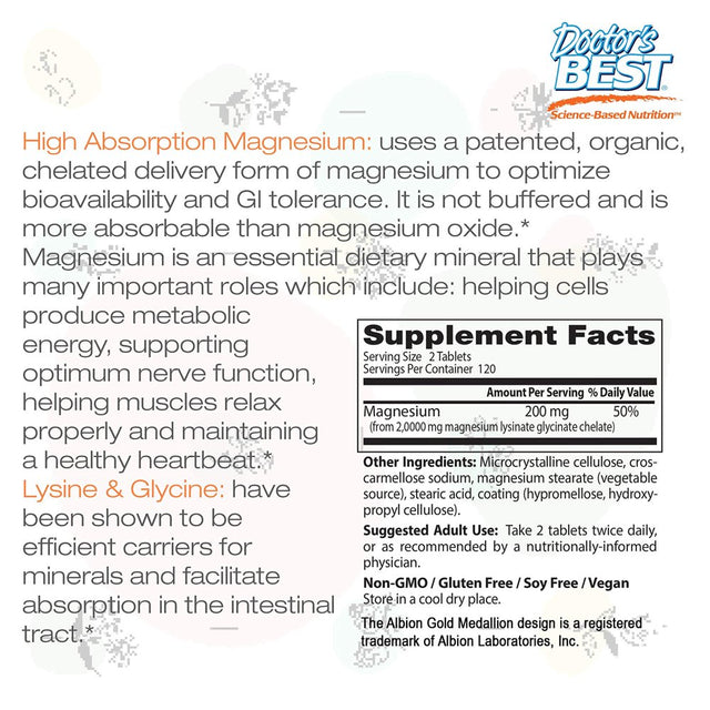 Doctor'S Best High Absorption Magnesium Glycinate Lysinate, 100% Chelated, Non-Gmo, Vegan, Gluten & Soy Free, 100 Mg, 240 Count