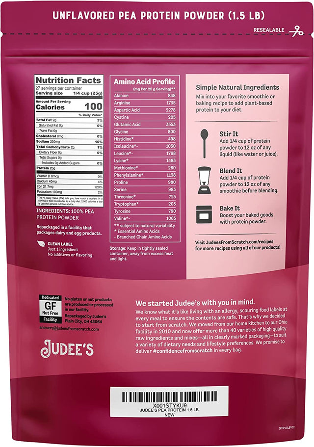 Judee’S Unflavored Pea Protein Powder (80% Protein) 1.5Lb (24Oz) - 100% Non-Gmo, Keto-Friendly, Vegan - Dairy-Free, Soy-Free, Gluten-Free and Nut-Free - Easily Dissolve in Liquids