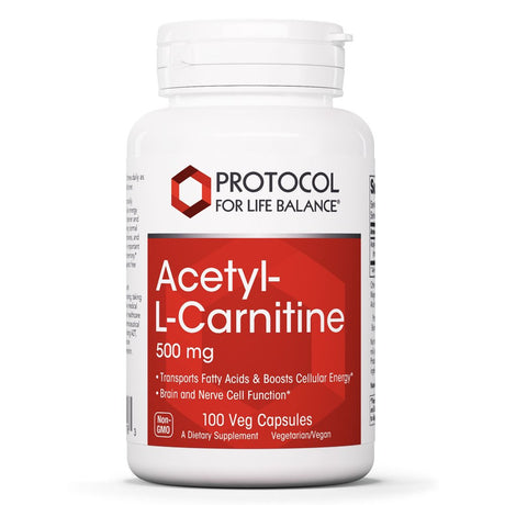 Protocol for Life Balance - Acetyl-L-Carnitine 500 Mg - Helps Transport Fatty Acids, Reduce Unwanted Fat, Boosts Energy, Cognitive Brain Support, Enhances Performance and Recovery - 100 Veg Capsules