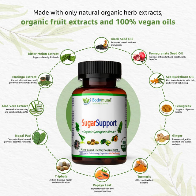 Bodymune Sugarsupport Organic and All-Natural Blood Sugar Support Supplement, 60 Capsules