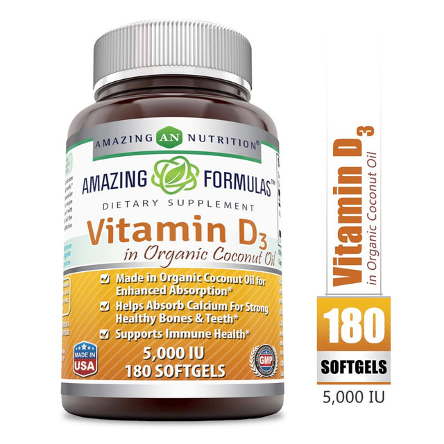 Amazing Formulas Vitamin D3 in Coconut Oil -5000IU, 180 Softgels - (Non-Gmo) Vitamin for Optimal Body Function - Supports Bone Health, Cardiovascular Health, Kidney Function