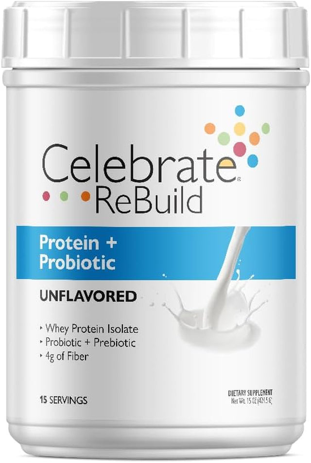 Celebrate Vitamins Rebuild Bariatric Whey Isolate Protein Powder with Probiotic and Prebiotic, 20 G Protein, Gluten Free, Unflavored, 15 Servings