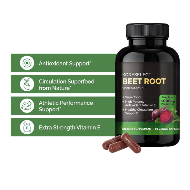 KORESELECT Beet Root Capsules with Vitamin E - Nitric Oxide Supplement Booster for Blood Circulation, Antioxidants Immune Support, Natural Athletic Performance, Wellness Formula - Vegan 60 Caps