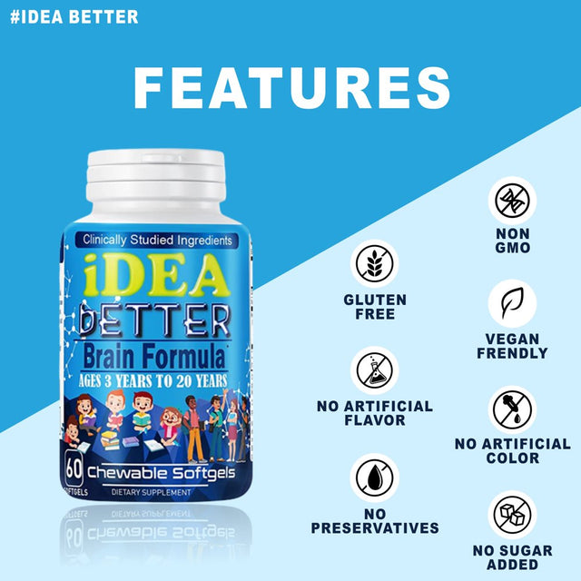 Idea Better Brain Focus Booster for Kids, Chewable Kids Vitamin, Multivitamin for Kids, Memory, Supports Focus, Clarity, Concentration, 60 Chewable Softgels by Celebrity Lifestyle