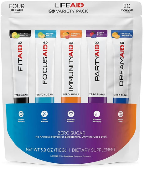 LIFEAID Rainbow Variety Pack Mix, All Zero Sugar, Post Workout Recovery, Nootropics Based Focus, Immune Boost, Dream & Sleep Aid, Travel Size, No Artificial Sweeteners & Flavors, 20 Count