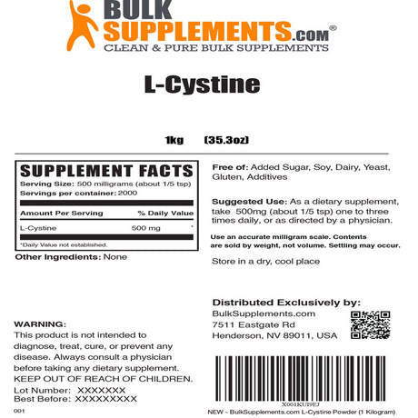 Bulksupplements.Com L-Cystine Powder, Amino Acid Supplement for Lungs Support and Hair Support, Cystine Supplement (1 Kilogram - 2.2 Lbs - 2000 Servings)