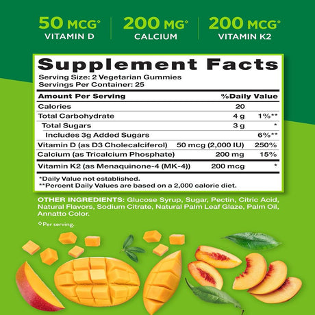 Vitamin K2 + D3 + Calcium Gummies | 50 Count | Vegetarian, Non-Gmo & Gluten Free Supplement | Natural Peach Mango Flavor | by Nature'S Truth