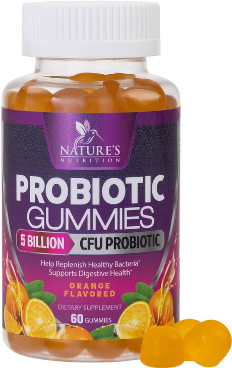 Nature'S Nutrition Probiotics for Women & Men Gummy, Extra Strength 5 Billion CFU, Lactobacillus Acidophilus Daily Probiotic Supplement, Supports Immune & Digestive Health, Orange Flavor, 60 Gummies