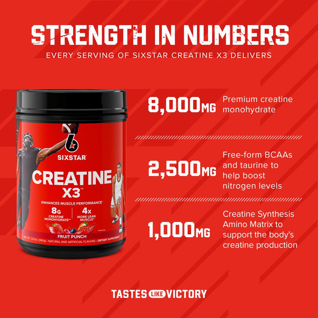 Six Star Pro Nutrition Creatine X3 BCAA Amino Acid Blend Powder, Fruit Punch, 2.18 Lbs, 30 Servings