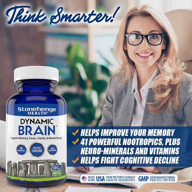 Stonehenge Health Dynamic Brain Supplement Memory, Focus, & Clarity Formulated with 40 Unique Nootropic Ingredients: Choline, Phosphatidylserine, Bacopa Monnieri, and Huperzine A