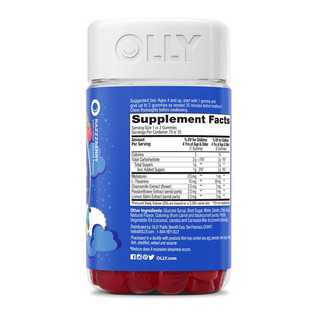 OLLY Kids Sleep Support Gummy Supplement, 0.5Mg Melatonin, L Theanine, Raspberry, 70 Ct