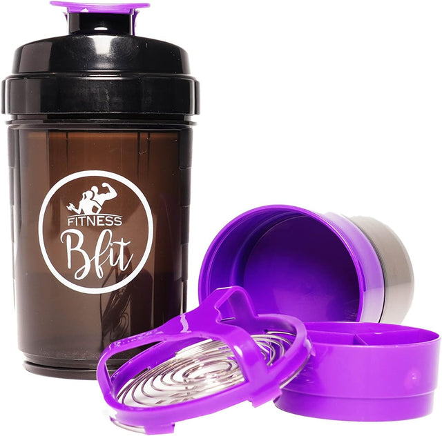 3-In-1 Protein Shaker Bottle Perfect for Protein Shakes and Pre Workout, 16 Ounce Bottle with Pill Organizer and Powder Storage (Purple)