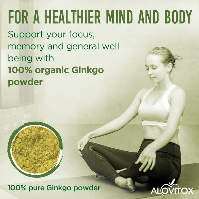 Alovitox Ginkgo Biloba Organic Leaf Powder | Supports Aging, Memory, Focus, Mood Stability, Concentration – Pure 100% Natural, Vegan, Non GMO & USDA Certified 8 Oz