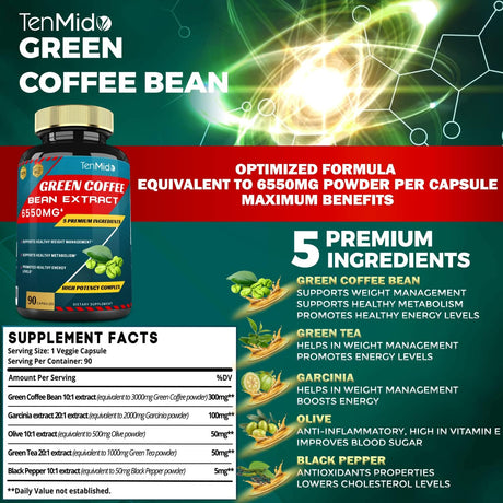 Green Coffee Bean Extract Capsules 6550Mg, 3 Months Supply with Garcinia, Olive, Green Tea, Kidney, Black Pepper | Support Weight Management, Improves Energy Booster Supplement Herbs