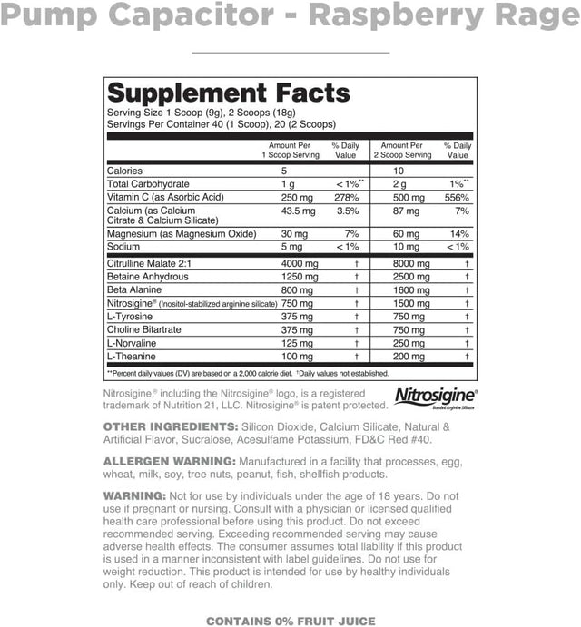 Pump Capacitor Non-Stimulant Sugar-Free Pre Workout for Men & Women, Raspberry Rage, 40 Servings - Nitric Oxide Booster, Intense Focus, Powerful Pumps & Strength Gains