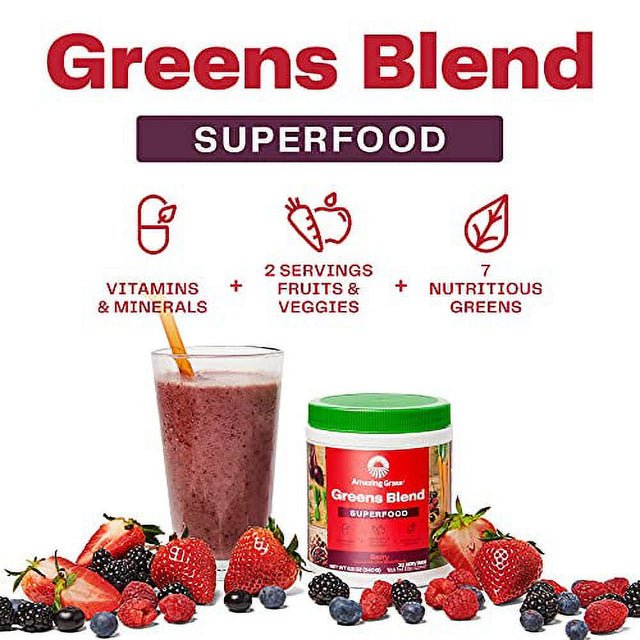 Amazing Grass Greens Blend Superfood: Super Greens Powder Smoothie Mix with Organic Spirulina, Chlorella, Beet Root Powder, Digestive Enzymes, Prebiotics & Probiotics, Berry, 30 Servings