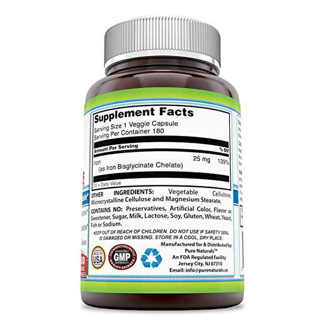 Pure Naturals Iron Bisglycinate 25 Mg 180 Veggie Capsules (Non-Gmo)- Supports Healthy Muscle Function* Promotes Red Blood Cell Production* Supports Oxygen Supply to Tissue & Organs*