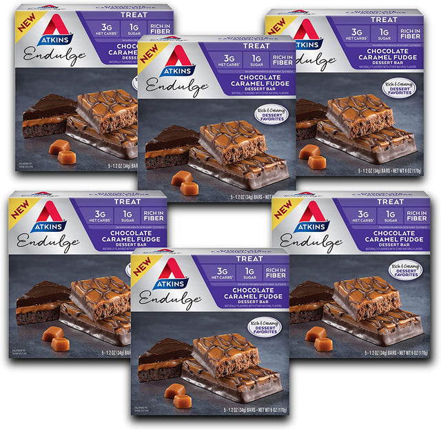 Atkins Endulge Chocolate Caramel Fudge Dessert Bar, Protein Snack, High in Fiber, 1G Sugar, Keto Friendly, 30 Count