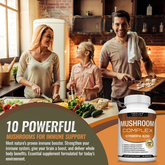 Toplux Mushroom Complex 10 Powerful Blend with Lion'S Mane Cordyceps Reishi Nootropic 60 Capsules 2 Pack