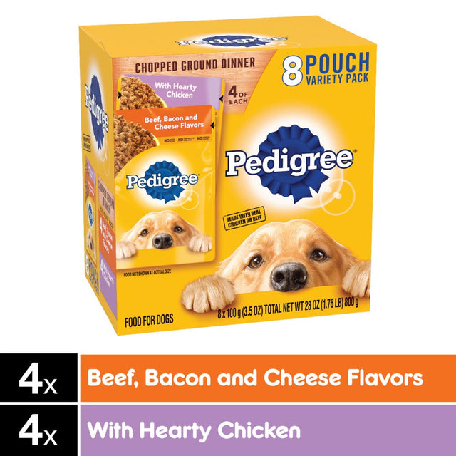 Pedigree Chopped Ground Dinner Wet Dog Food Variety Pack, 3.5 Oz Pouches (8 Pack)