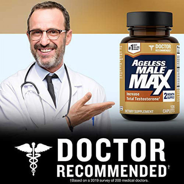 Ageless Male Max Total Testosterone Booster for Men and Nitric Oxide Booster - Improve Workouts, Reduce Fat Faster than Exercise Alone, Support Sleep, Drive & Energy, 120Ct - 2 Month Supply