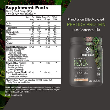 Plantfusion Elite Activated Peptide Sport Vegan Protein Powder - 30G Premium Plant Based Protein, 6.5G Bcaas - Keto, Gluten Free, Soy Free, Non-Dairy, No Sugar, Non-Gmo - Rich Chocolate 1 Lb