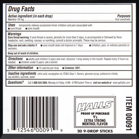 Halls Cough Drops, Extra Strong, Menthol, 9 Ct (Box of 20)