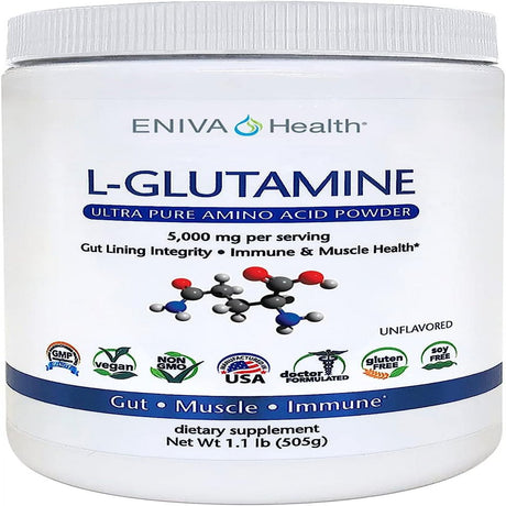 Eniva Health L-Glutamine Pure Powder, Unflavored (101 Servings) , Vegan, Gluten-Free, Sugar-Free, Non-Gmo , Doctor-Formulated, USA Made , Gut Health, Leaky Gut, Bloating, Muscle Health, Immune System