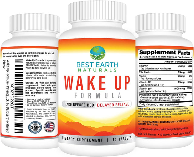 Wake up Formula, Supplement Taken at Bedtime and Works While You Sleep for Delayed Time Release Energy in Morning. Alternative to Coffee and Morning Alarm Clock 40 Count