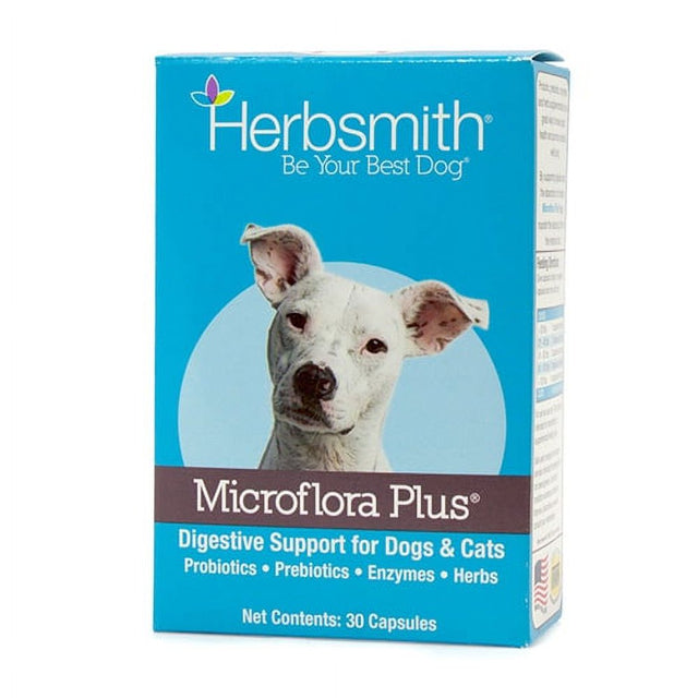 Herbsmith Microflora plus – Dog Digestion Aid –Probiotics and Digestive Enzymes for Dogs – Prebiotic for Dogs – 30 Capsules