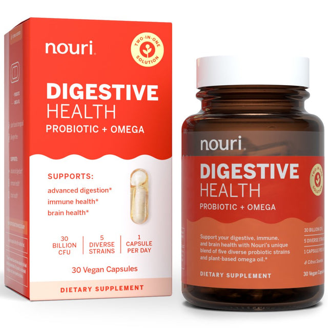 Nouri Digestive Health Probiotic with Omega for Digestion, Immune, and Brain Health, 30 Day Supply