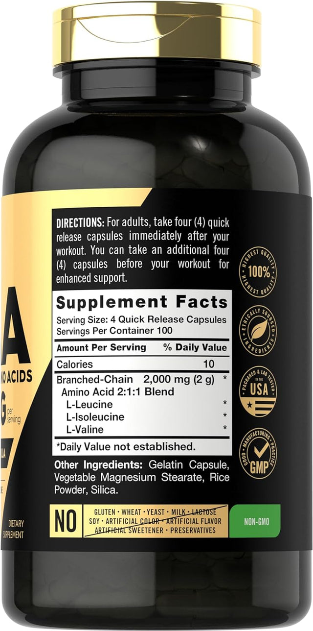 Carlyle BCAA Amino Acids Capsules | 2000Mg | 400 BCAA Capsules | Non-Gmo, Gluten Free Branch Chain Amino Acids Supplements