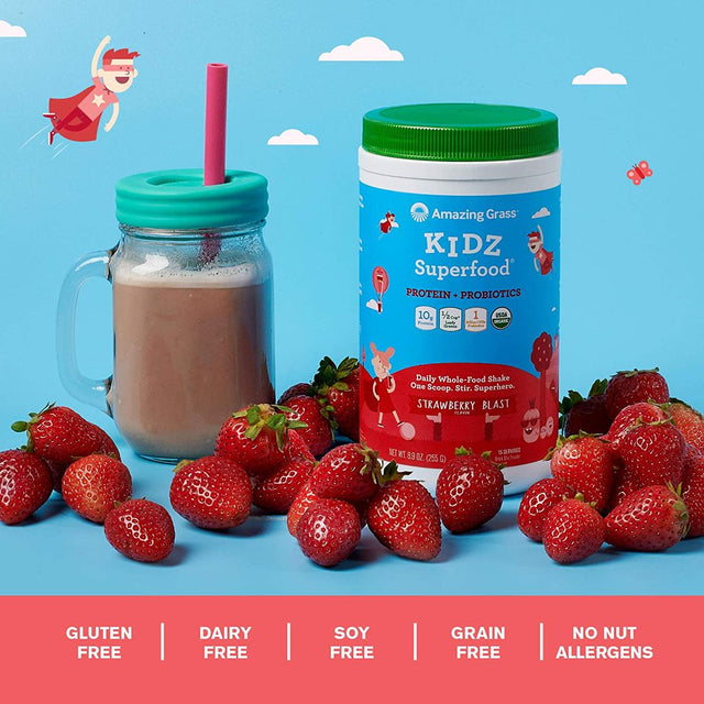 Amazing Grass Kidz Superfood: Vegan Protein Probiotics for Kids with Beet Root Powder 1/2 Cup of Leafy Greens, Strawberry Blast, 15 Servings