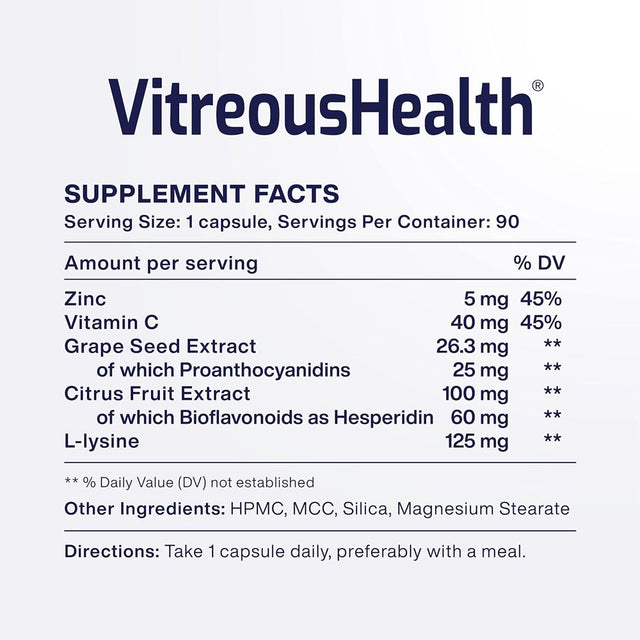 Macuhealth Vitreoushealth Evidence-Based Eye Supplement for Floaters - 90 Eye Vitamin Capsules, Eye Supplements for Adults, Reduce Eye Floater Symptoms, Eye Health Vitamins - 3 Month Supply