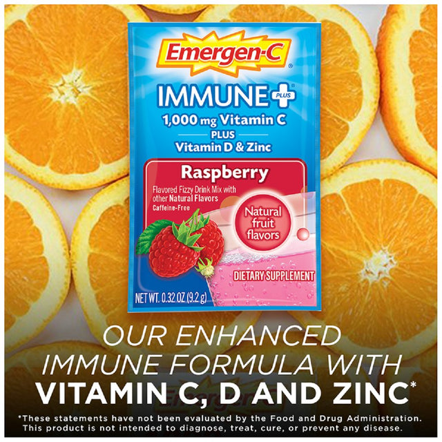 Emergen-C Immune+ 1000Mg Vitamin C Powder, with Vitamin D, Zinc, Antioxidants and Electrolytes, Immune Support Dietary Supplement, Super Orange and Raspberry Flavors - 70 Count