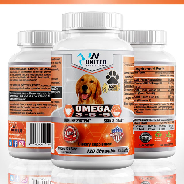 Omega 3 6 9 for Dogs,Dha EPA Fatty Acids, Brain Health, Shiny Coat, Itchy and Dry Skin Relief, Immune System Support, anti Inflammatory - 60 Natural Chew-Able Tablets.