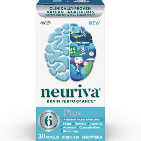 Brain Support Supplement - NEURIVA plus (30 Count in a Bottle), plus B6, B12 & Folic Acid, Supports 6 Indicators of Brain Performance: Focus, Memory, Learning, Accuracy, Concentration & Reasoning