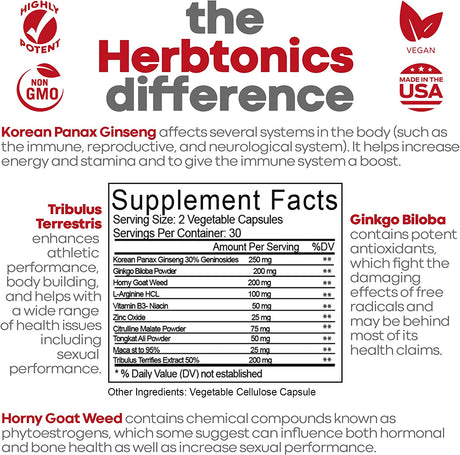 Herbtonics Testosterone Booster for Men Male Enhancing Pills - Enlargement Supplement Increase Size, Energy Strength & Stamina Enhancement Ginseng Pill & Tribulus Terrestris 60 Vegan Capsules