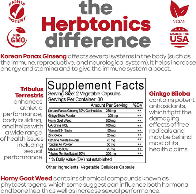 Herbtonics Testosterone Booster for Men Male Enhancing Pills - Enlargement Supplement Increase Size, Energy Strength & Stamina Enhancement Ginseng Pill & Tribulus Terrestris 60 Vegan Capsules