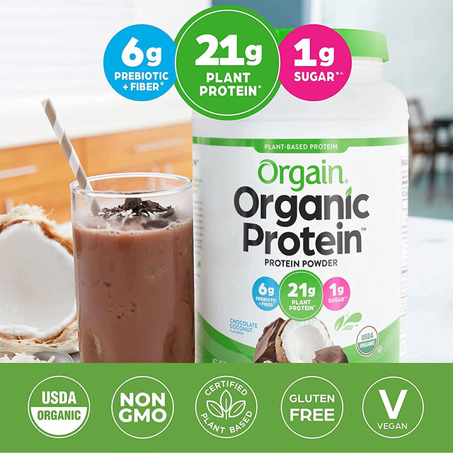 Orgain Organic Vegan Protein Powder, Chocolate Coconut - 21G of Plant Based Protein, Low Net Carbs, Non Dairy, Gluten Free, Lactose Free, No Sugar Added, Soy Free, Kosher, Non-Gmo, 2.03 Pound