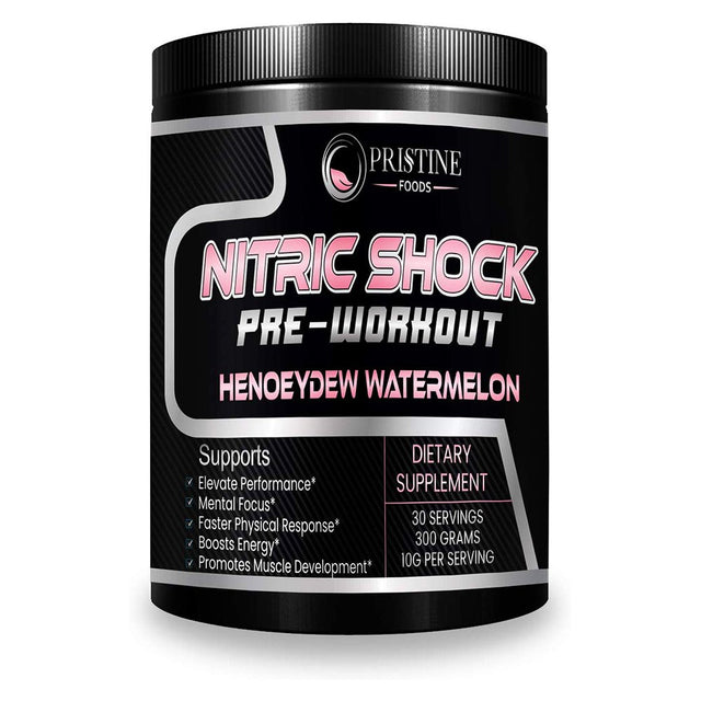 Nitric Shock Pre-Workout Powder - Nitric Oxide Booster Supplement, Promotes Muscle Growth, Tissue Repair, Endurance & Energy Booster - 300 Grams, by Pristine Foods