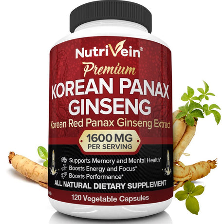 Nutrivein Korean Red Panax Ginseng 1600Mg - 120 Vegan Capsules - for Energy, Libido