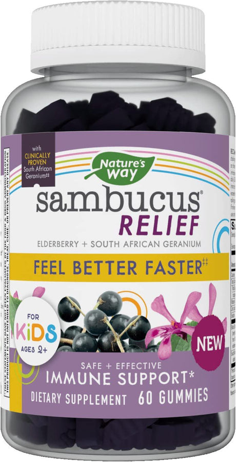 Nature’S Way | Sambucus Relief Kids Gummies, Reactive Support, South African Geranium, with Elderberry, Vitamin C & Zinc | 60 Gummies