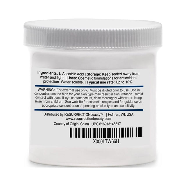 L-Ascorbic Acid Powder (Vitamin C), 6 Oz. Jar. for Use in Serums and Cosmetic Formulations.