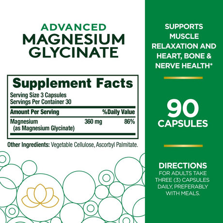 Nature’S Bounty Advanced Magnesium Glycinate Supplement, Heart, Nerves, Muscle & Bone Health Support, 360Mg, 90 Ct